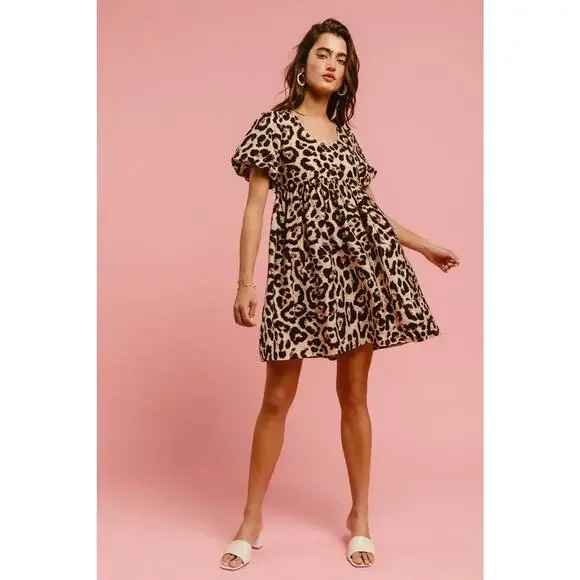 BiBi Leopard Print Woven Puff Sleeves Dress with Patch - Picture 12 of 14